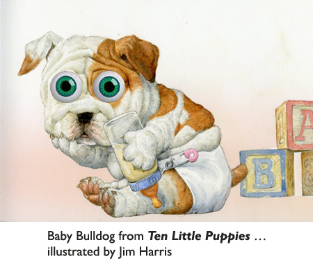 ‘Baby Bulldog’ from the kids’ book, Ten Little Puppies.  Yes, I know, bulldogs don’t really wear diapers.  It’s ‘artistic license’… a really fun part of the process of illustrating picture books.  